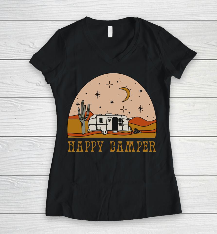Airstream Desert Starry Sky Camping Rving Happy Camper Women V-Neck T-Shirt