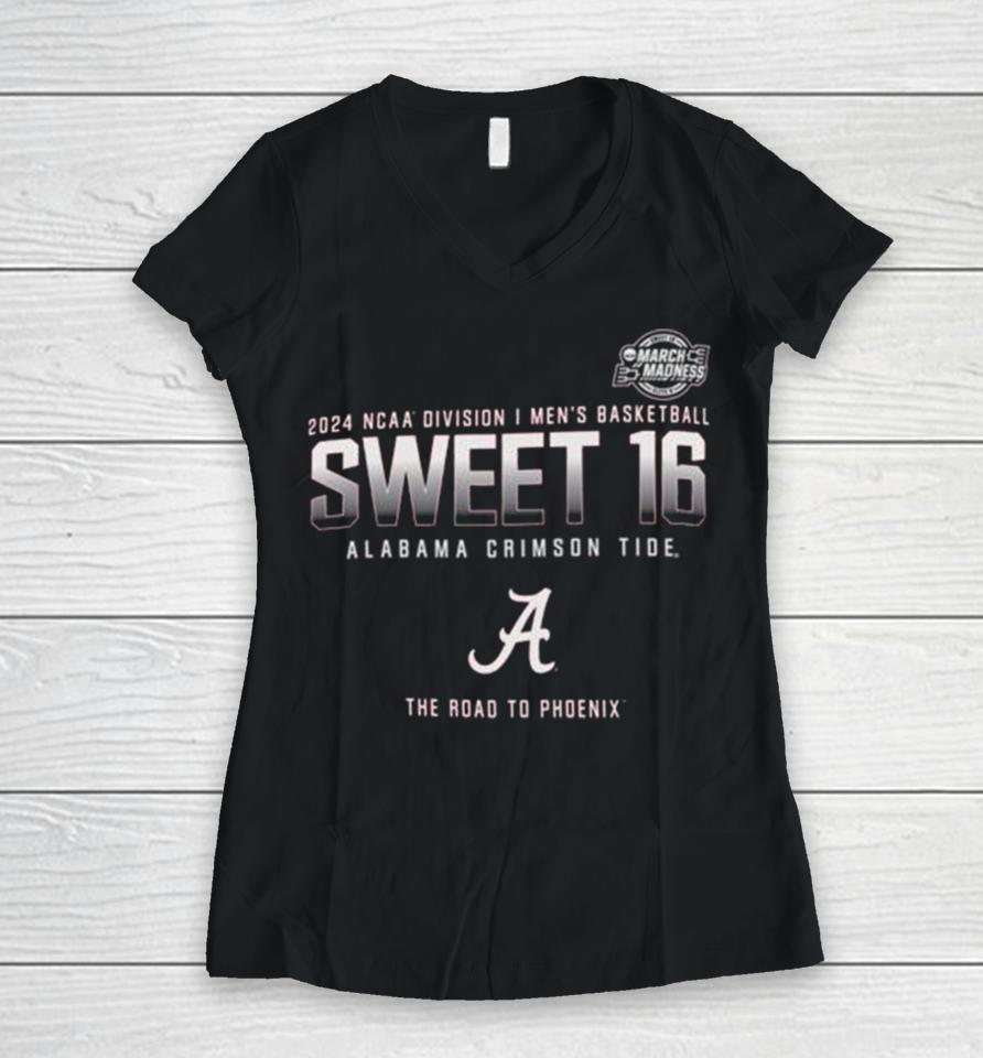 Alabama Crimson Tide 2024 Ncaa Division I Men’s Basketball Sweet 16 The Road To Phoenix Women V-Neck T-Shirt