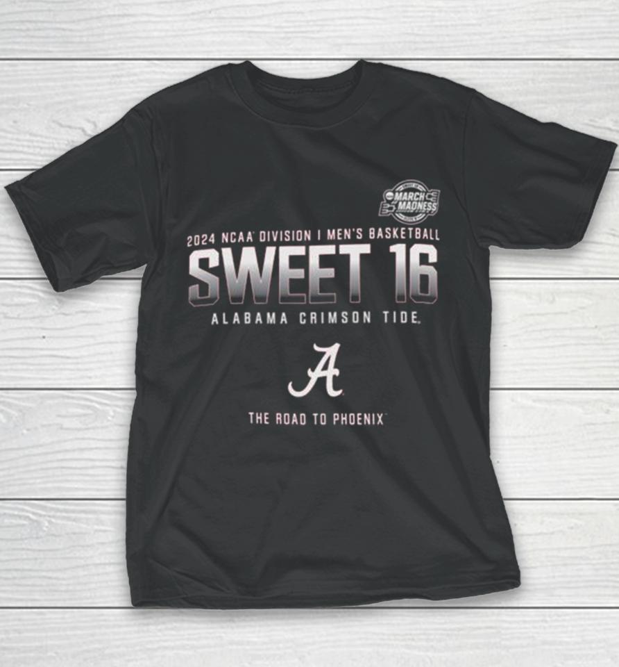 Alabama Crimson Tide 2024 Ncaa Division I Men’s Basketball Sweet 16 The Road To Phoenix Youth T-Shirt