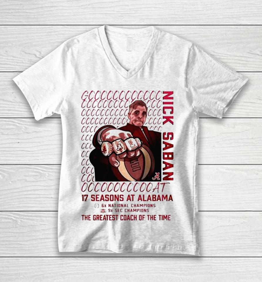 Alabama Crimson Tide Goat Nick Saban 17 Season At Alabama The Greatest Coach Of The Time Unisex V-Neck T-Shirt