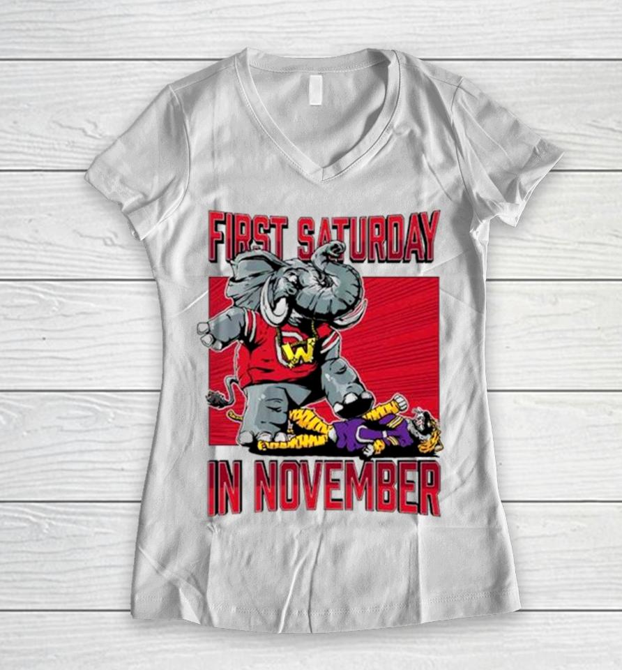 Alabama Crimson Tide Vs Lsu Tigers First Saturday Women V-Neck T-Shirt