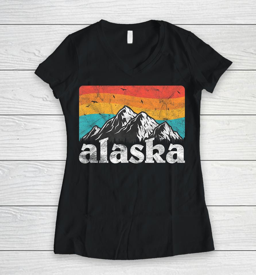 Alaska Ak Retro 70S 80S Mountains Nature Distressed Women V-Neck T-Shirt