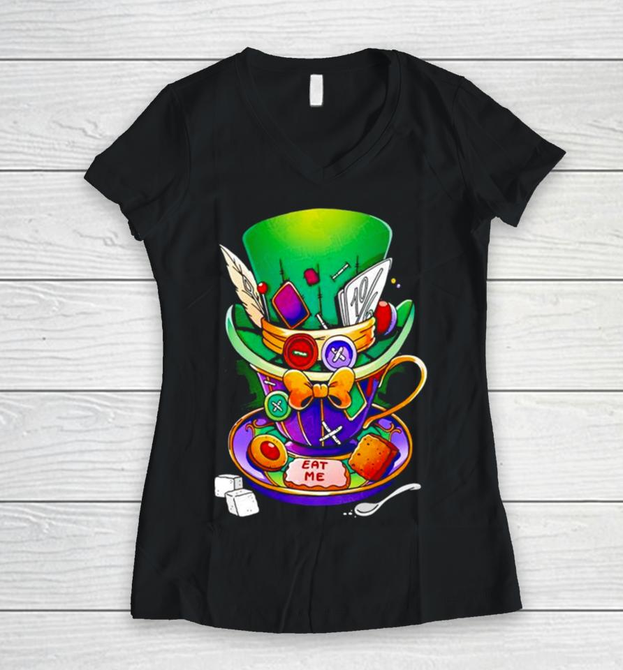 Alice In Wonderland Mad Hatter Mug Women V-Neck T-Shirt