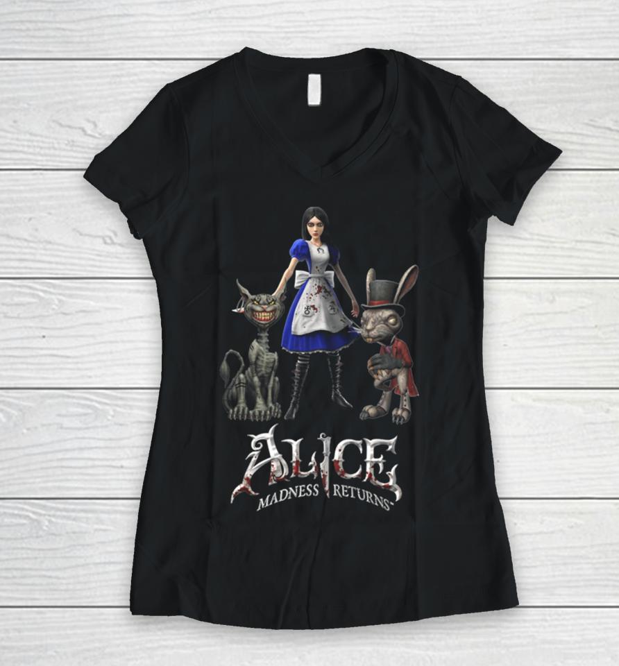 Alice Madness Returns Alice Liddell Cheshire Cat White Rabbit Women V-Neck T-Shirt