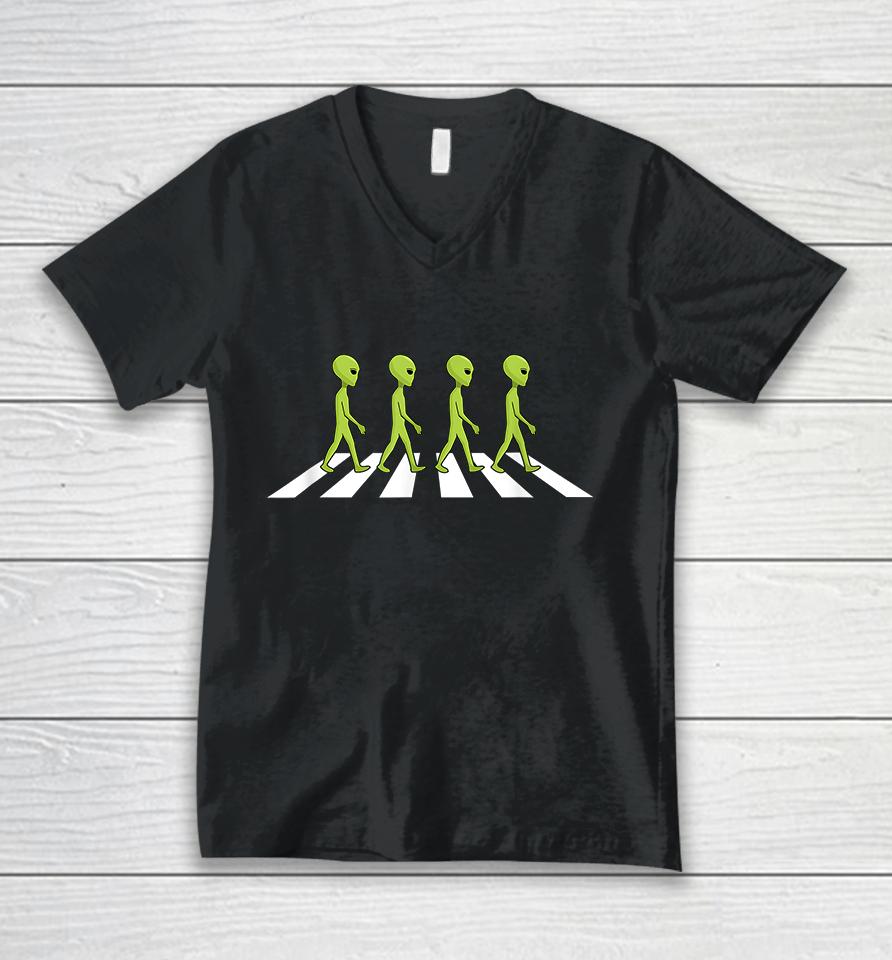 Aliens Crossing And Walking Across Road Funny Unisex V-Neck T-Shirt