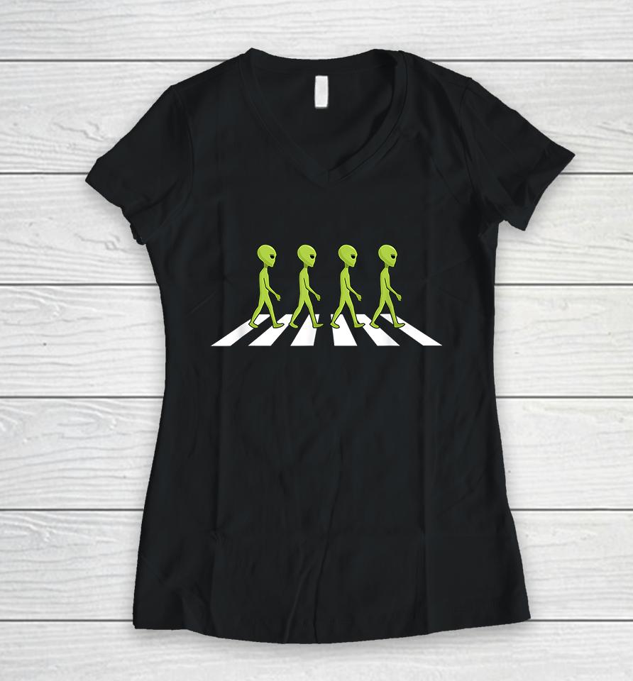 Aliens Crossing And Walking Across Road Funny Women V-Neck T-Shirt