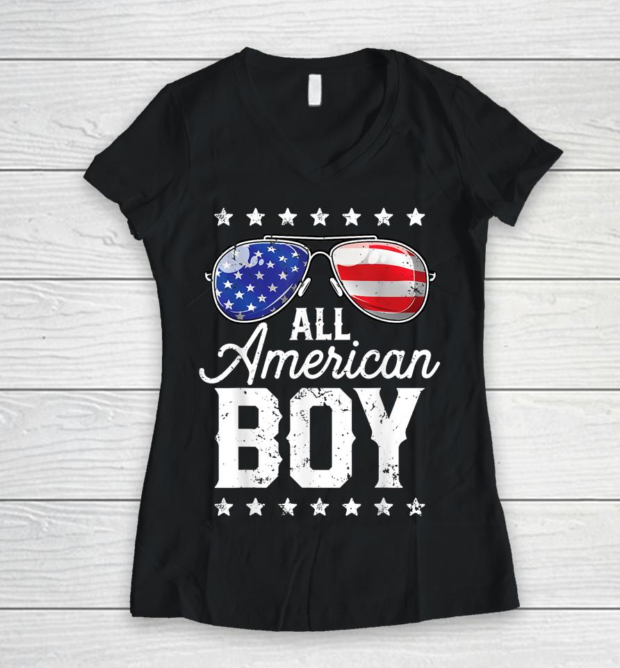 All American Boy 4Th Of July Boys Kids Sunglasses Family Women V-Neck T-Shirt
