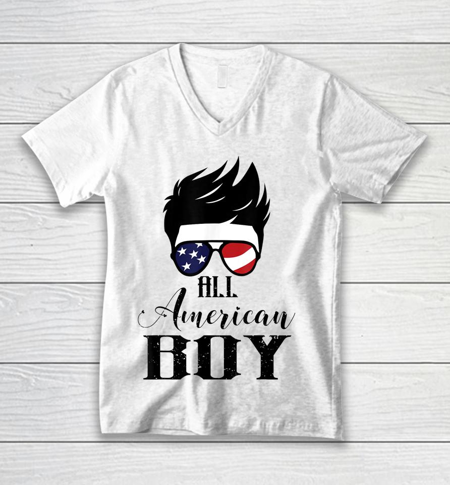 All American Boy 4Th Of July Boys Kids Sunglasses Usa Flag Unisex V-Neck T-Shirt