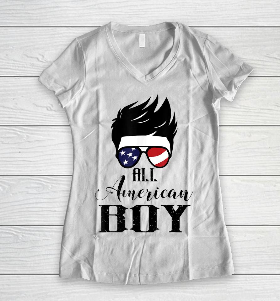 All American Boy 4Th Of July Boys Kids Sunglasses Usa Flag Women V-Neck T-Shirt