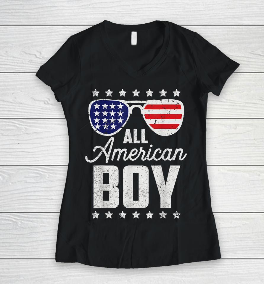 All American Boy 4Th Of July Sunglasses Usa Flag Women V-Neck T-Shirt