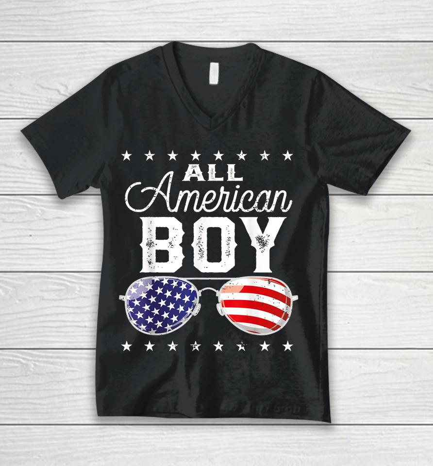 All American Boy 4Th Of July Usa Sunglasses Family Matching Unisex V-Neck T-Shirt