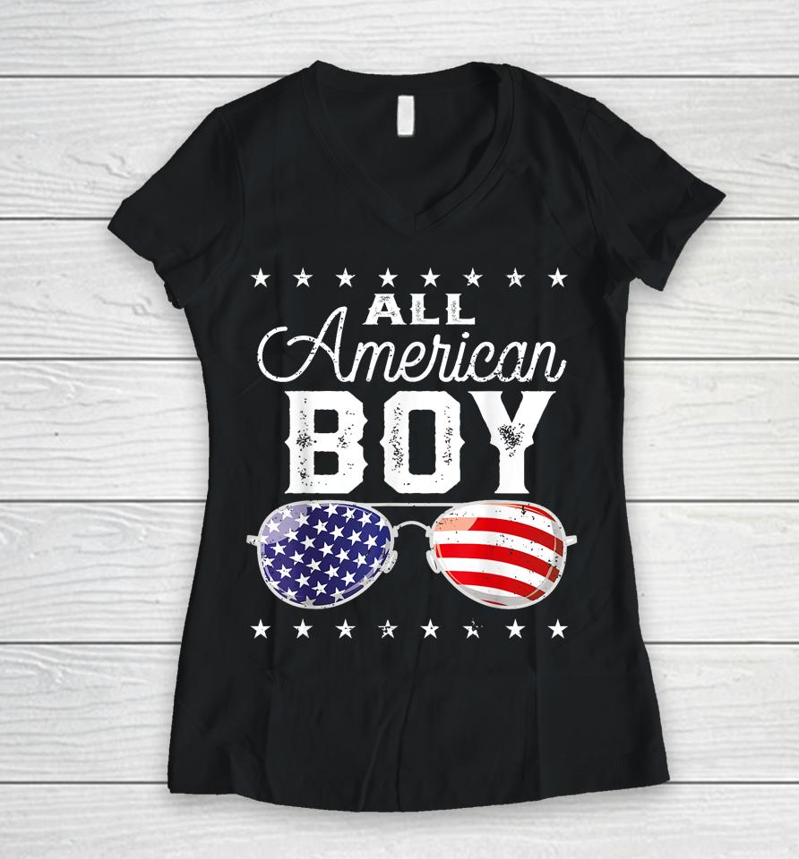 All American Boy 4Th Of July Usa Sunglasses Family Matching Women V-Neck T-Shirt