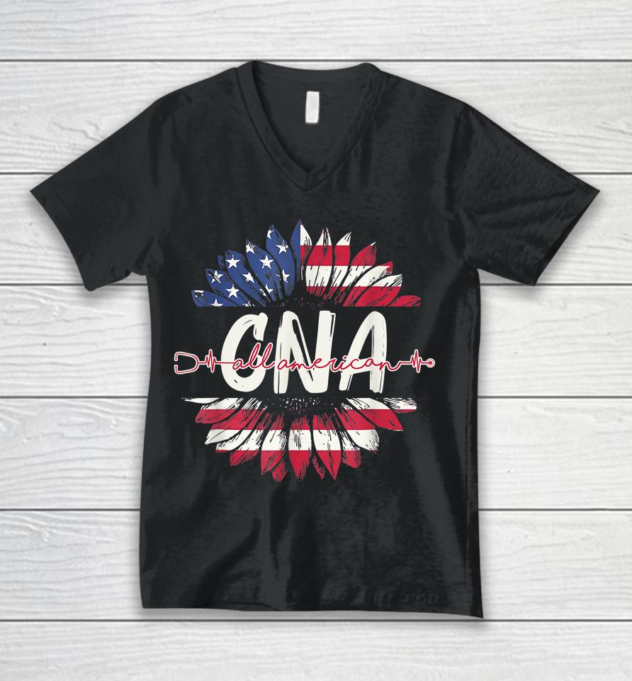 All American Cna Life American Flag Sunflower 4Th Of July Unisex V-Neck T-Shirt