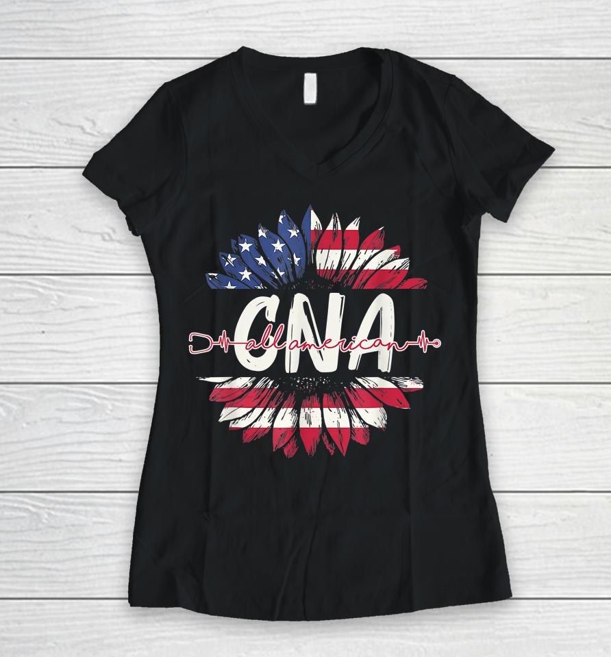 All American Cna Life American Flag Sunflower 4Th Of July Women V-Neck T-Shirt