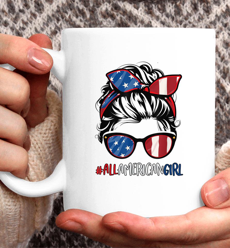 All American Girl 4Th Of July Shirt Women Messy Bun Usa Flag Coffee Mug