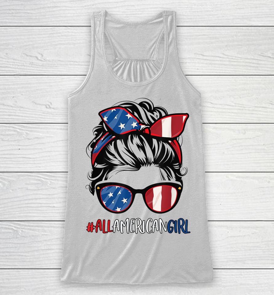 All American Girl 4Th Of July Shirt Women Messy Bun Usa Flag Racerback Tank