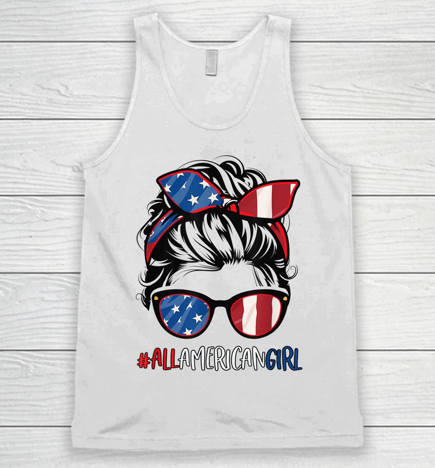 All American Girl 4Th Of July Shirt Women Messy Bun Usa Flag Unisex Tank Top