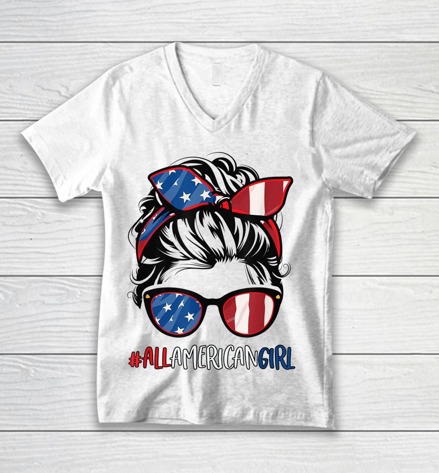 All American Girl 4Th Of July Shirt Women Messy Bun Usa Flag Unisex V-Neck T-Shirt