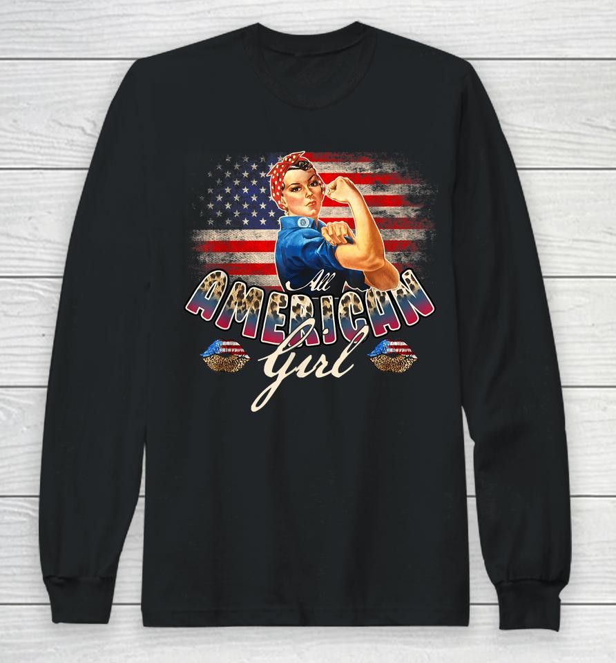 All American Girls 4Th Of July Rosie Riveter Leopard Flag Long Sleeve T-Shirt