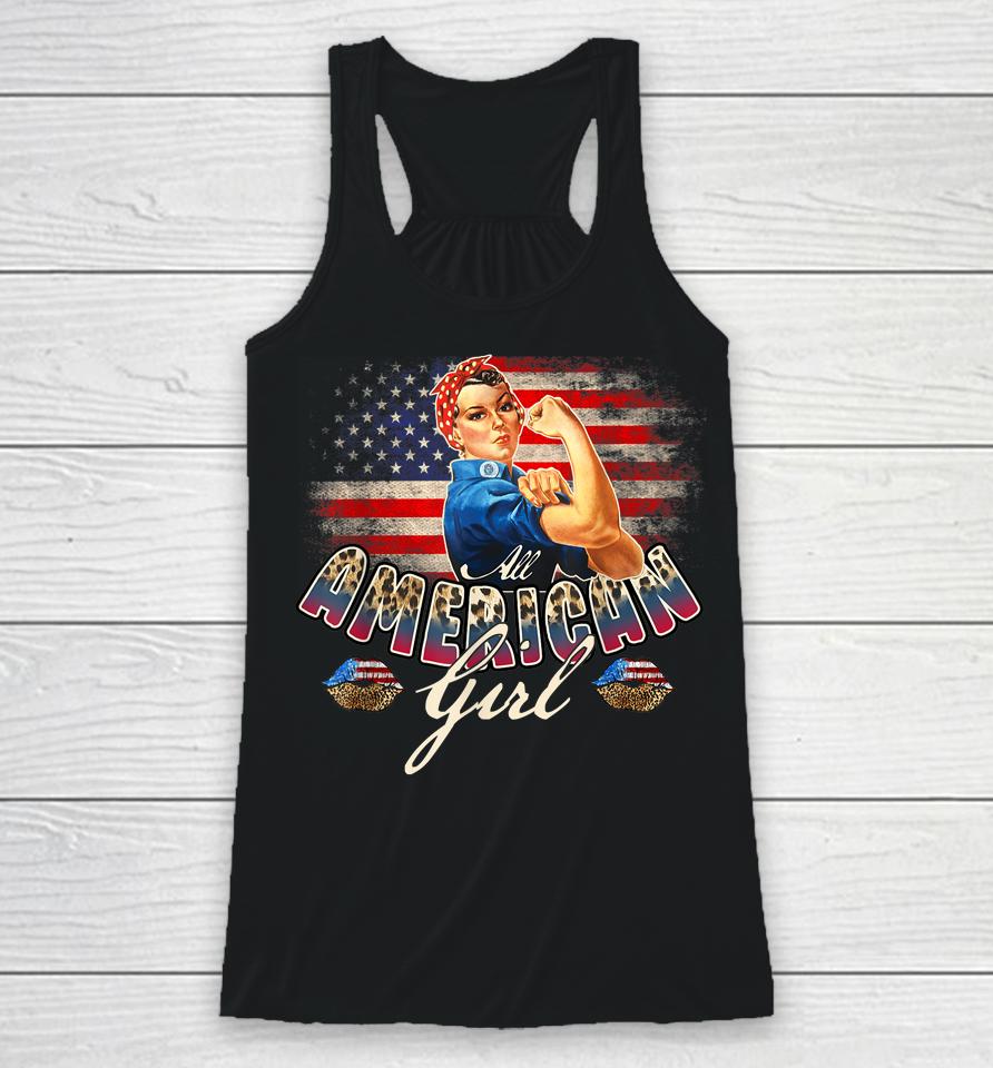All American Girls 4Th Of July Rosie Riveter Leopard Flag Racerback Tank