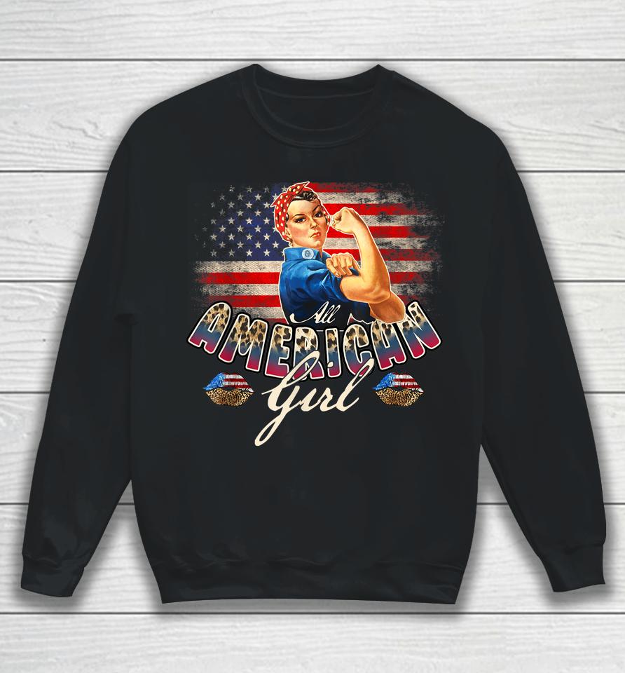 All American Girls 4Th Of July Rosie Riveter Leopard Flag Sweatshirt