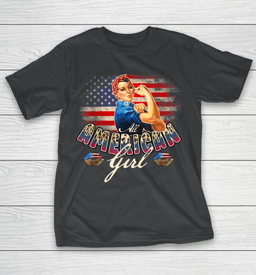 All American Girls 4Th Of July Rosie Riveter Leopard Flag T-Shirt