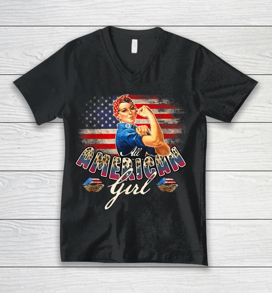 All American Girls 4Th Of July Rosie Riveter Leopard Flag Unisex V-Neck T-Shirt