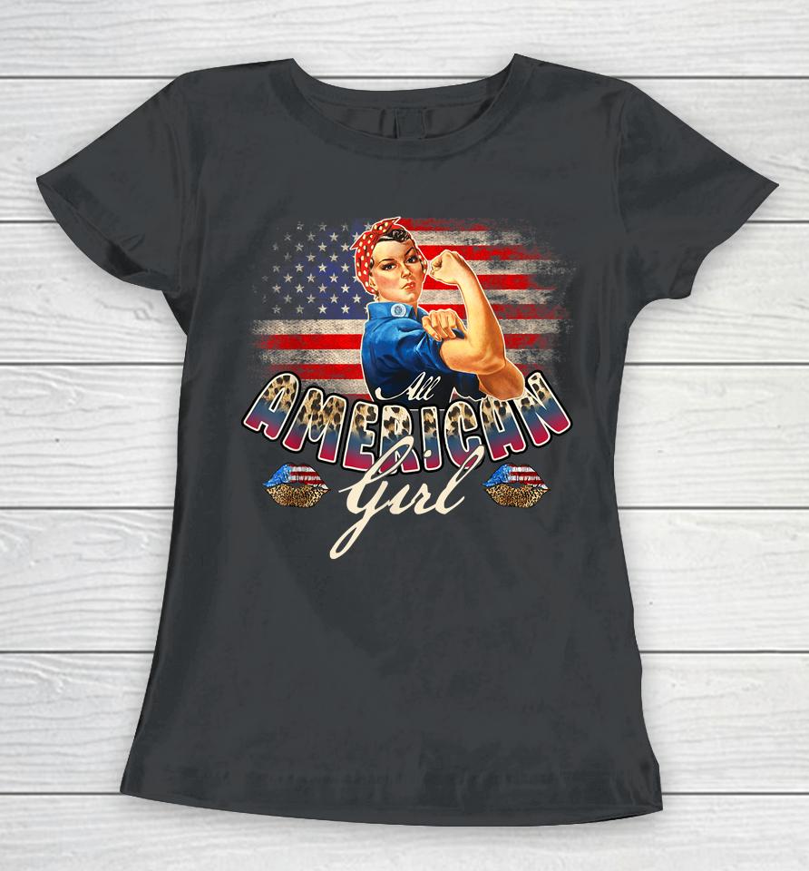 All American Girls 4Th Of July Rosie Riveter Leopard Flag Women T-Shirt