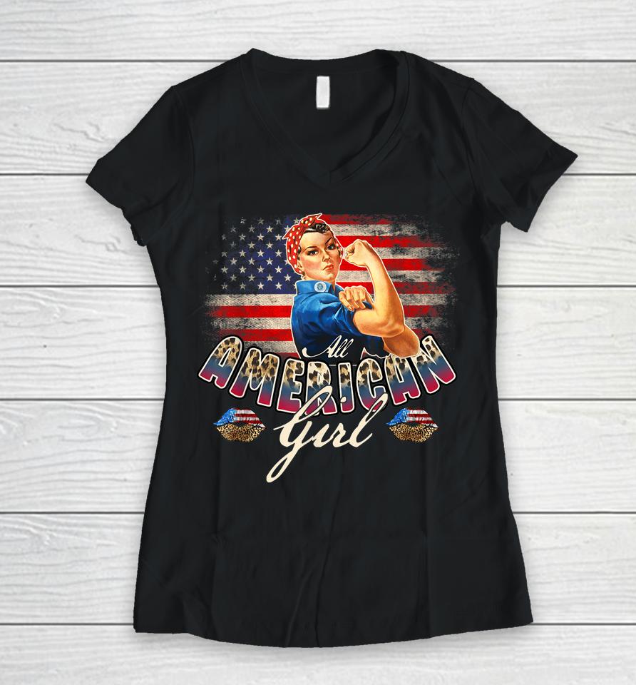 All American Girls 4Th Of July Rosie Riveter Leopard Flag Women V-Neck T-Shirt
