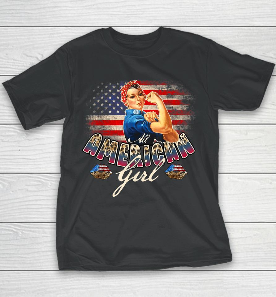 All American Girls 4Th Of July Rosie Riveter Leopard Flag Youth T-Shirt