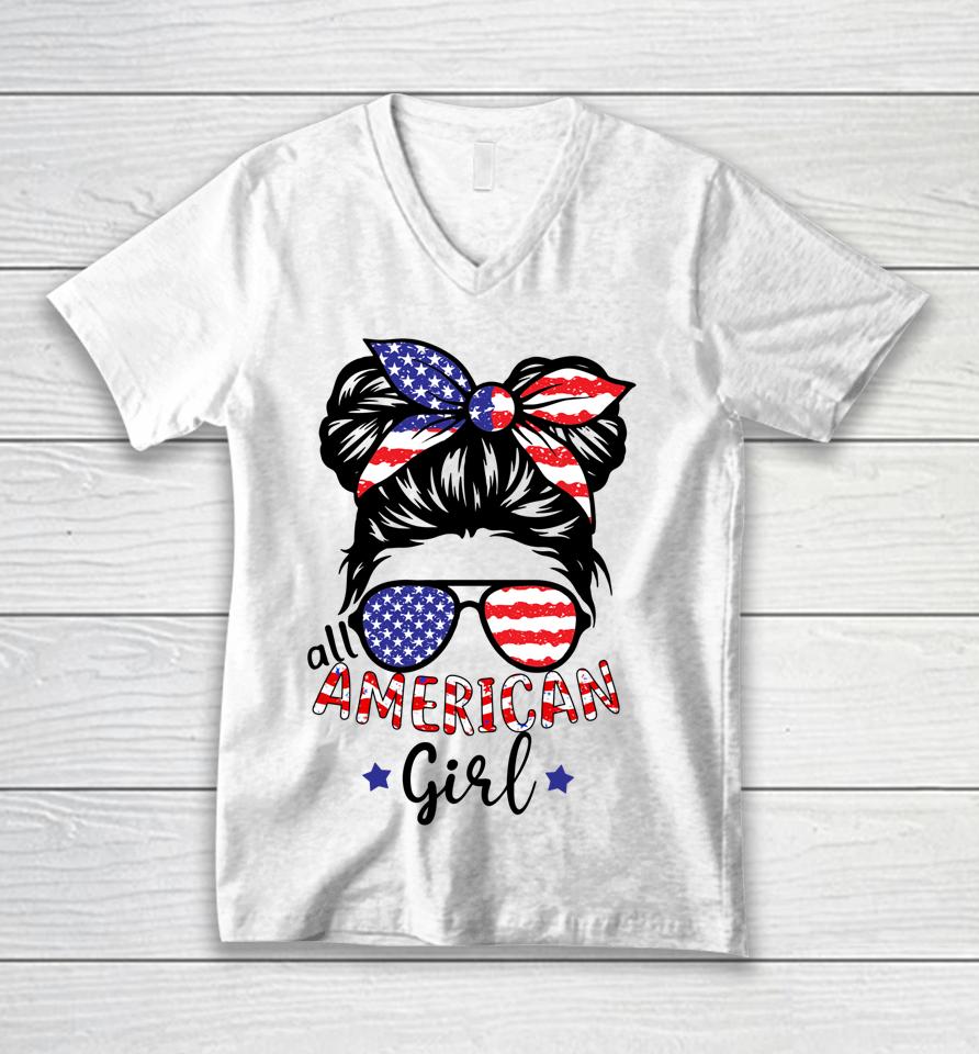 All American Girls 4Th Of July Shirt Daughter Messy Bun Usa Unisex V-Neck T-Shirt