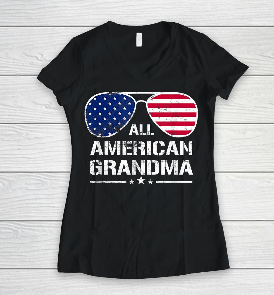 All American Grandma American Flag Patriotic 4Th Of July Women V-Neck T-Shirt