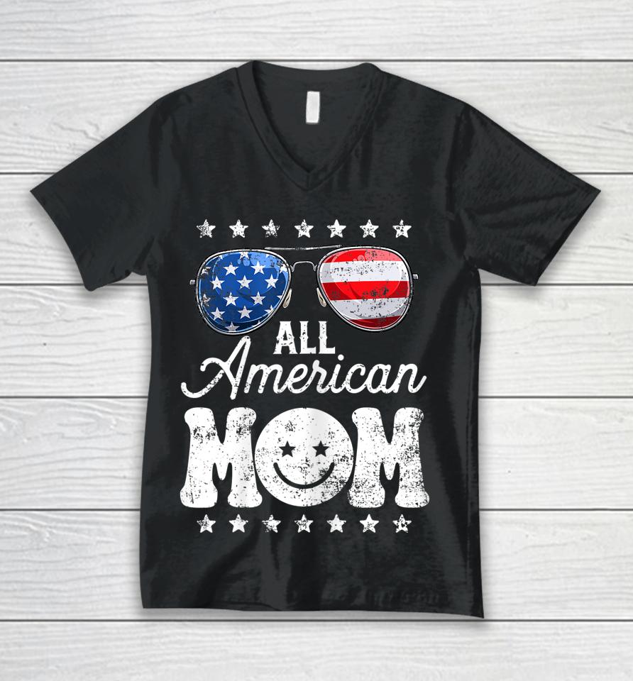 All American Mom 4Th Of July T Shirt Mother's Day Mama Mommy Unisex V-Neck T-Shirt