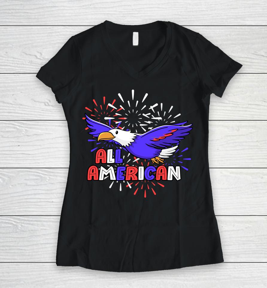 All American Patriotic 4Th Of July Eagle Fireworks Women V-Neck T-Shirt
