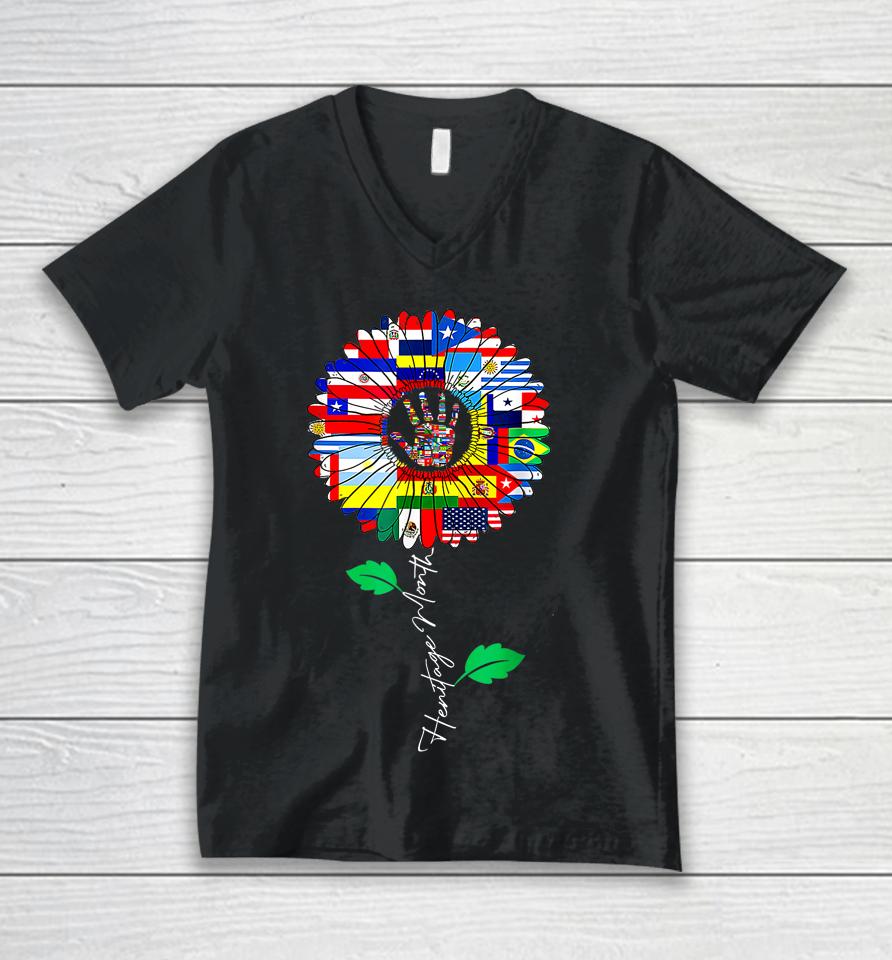 All Countries Flags Sunflower Hispanic Heritage Month Latino Unisex V-Neck T-Shirt