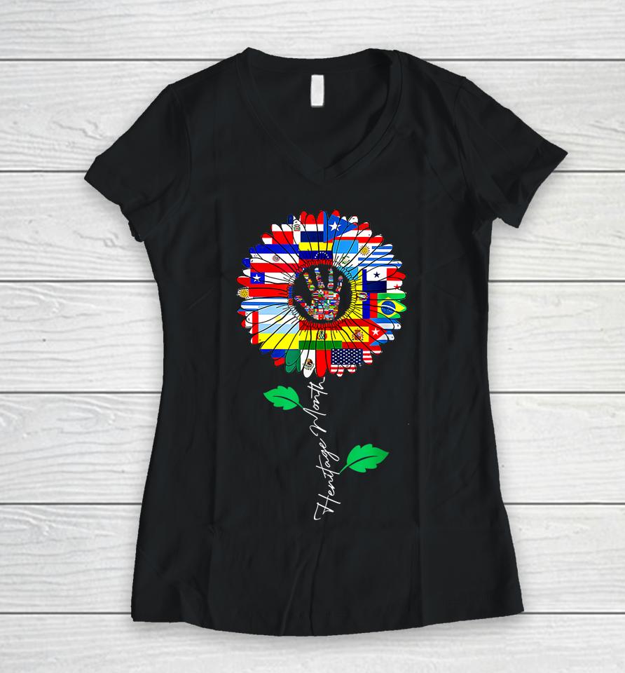 All Countries Flags Sunflower Hispanic Heritage Month Latino Women V-Neck T-Shirt