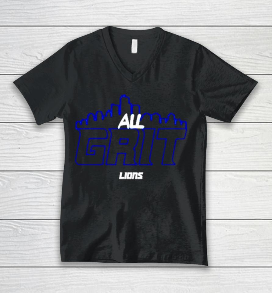 All Grit Detroit Lions Skyline Unisex V-Neck T-Shirt