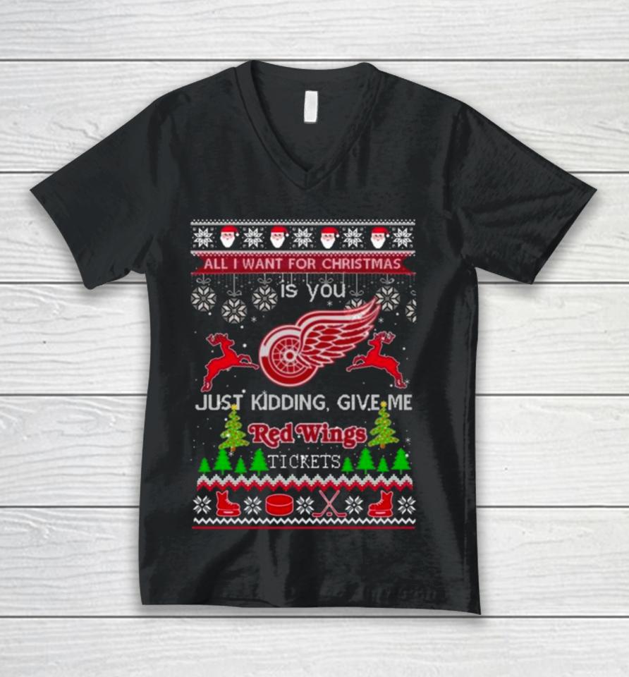 All I Want For Christmas Is You Detroit Red Wings Ice Hockey Ugly Christmas 2023 Unisex V-Neck T-Shirt