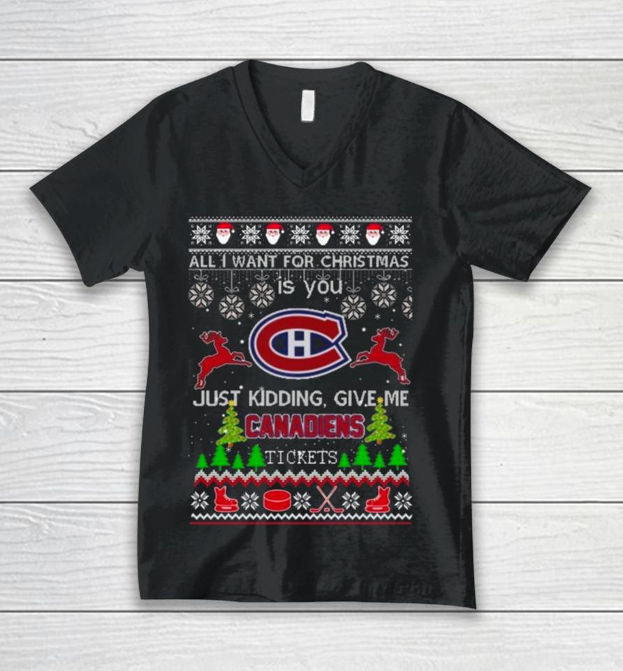 All I Want For Christmas Is You Montreal Canadiens Ice Hockey Ugly Christmas 2023 Unisex V-Neck T-Shirt