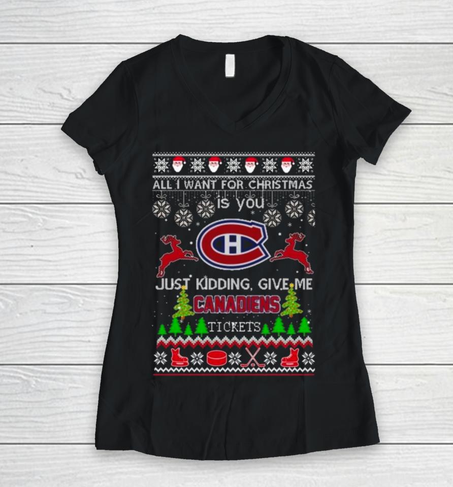 All I Want For Christmas Is You Montreal Canadiens Ice Hockey Ugly Christmas 2023 Women V-Neck T-Shirt