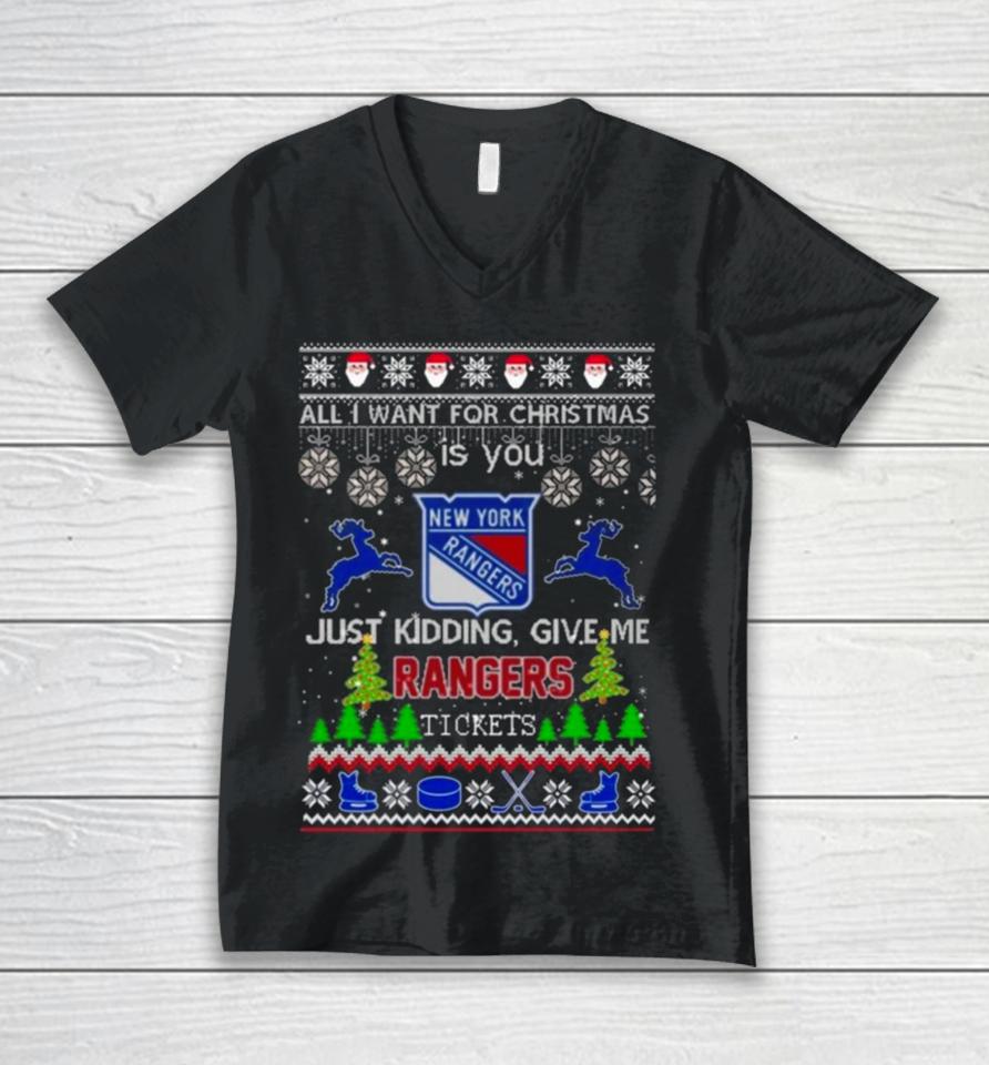 All I Want For Christmas Is You New York Rangers Ice Hockey Ugly Christmas 2023 Unisex V-Neck T-Shirt