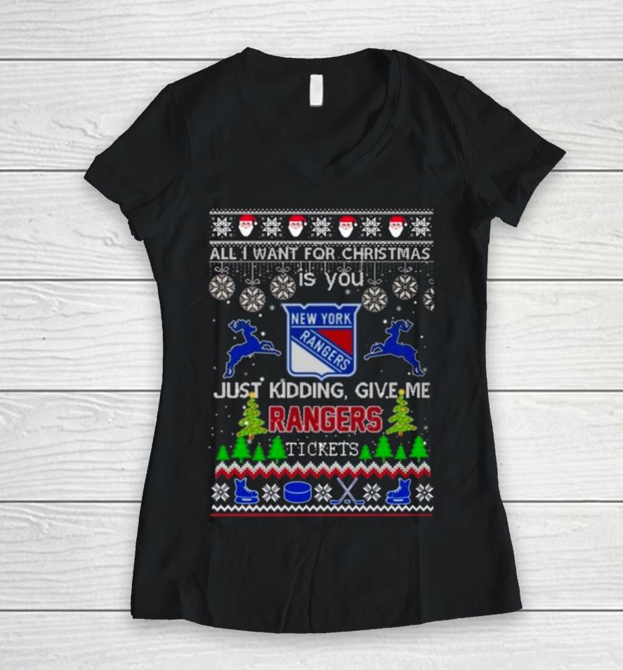 All I Want For Christmas Is You New York Rangers Ice Hockey Ugly Christmas 2023 Women V-Neck T-Shirt