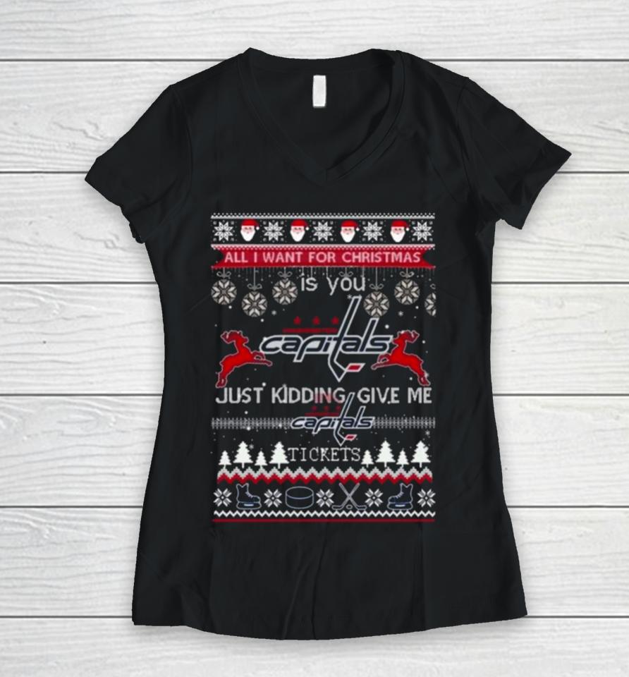 All I Want For Christmas Is You Washington Capitals Ice Hockey Ugly Christmas 2023 Women V-Neck T-Shirt