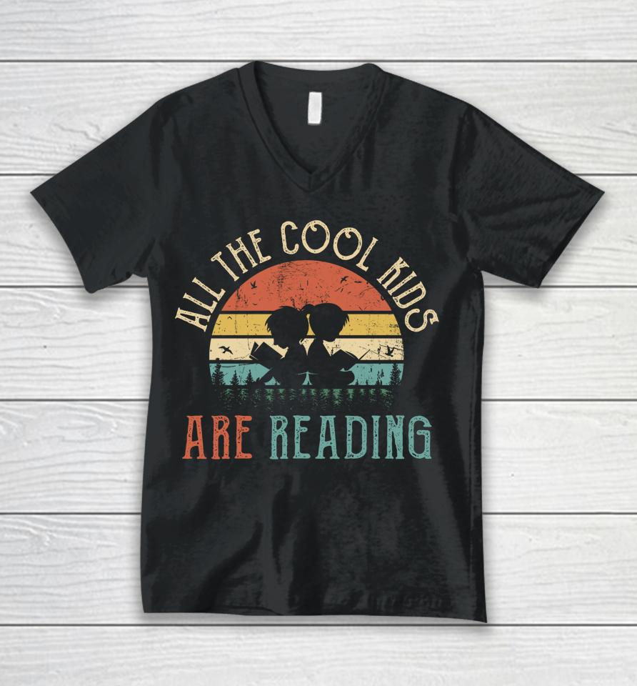 All The Cool Kids Are Reading Book Vintage Reto Sunset Long Sleeve Unisex V-Neck T-Shirt