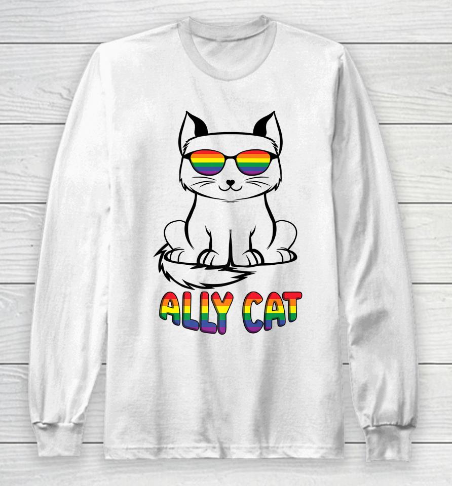 Ally Cat Gay Pride Lgbtq Rainbow Flag Sunglasses Long Sleeve T-Shirt