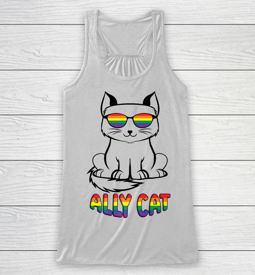 Ally Cat Gay Pride Lgbtq Rainbow Flag Sunglasses Racerback Tank