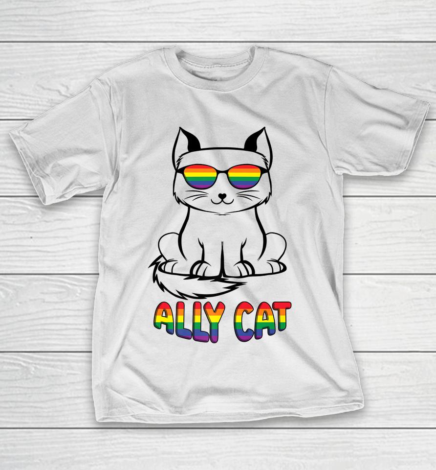 Ally Cat Gay Pride Lgbtq Rainbow Flag Sunglasses T-Shirt