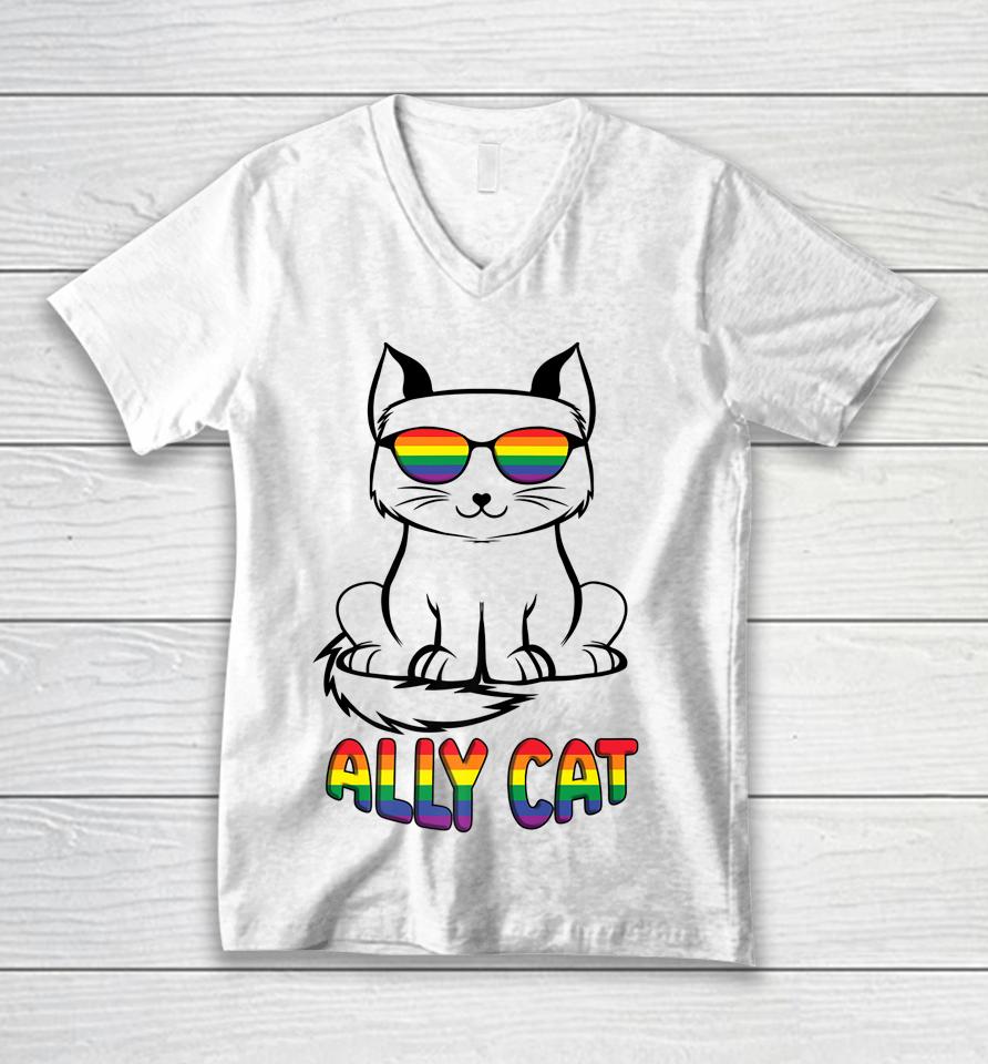 Ally Cat Gay Pride Lgbtq Rainbow Flag Sunglasses Unisex V-Neck T-Shirt