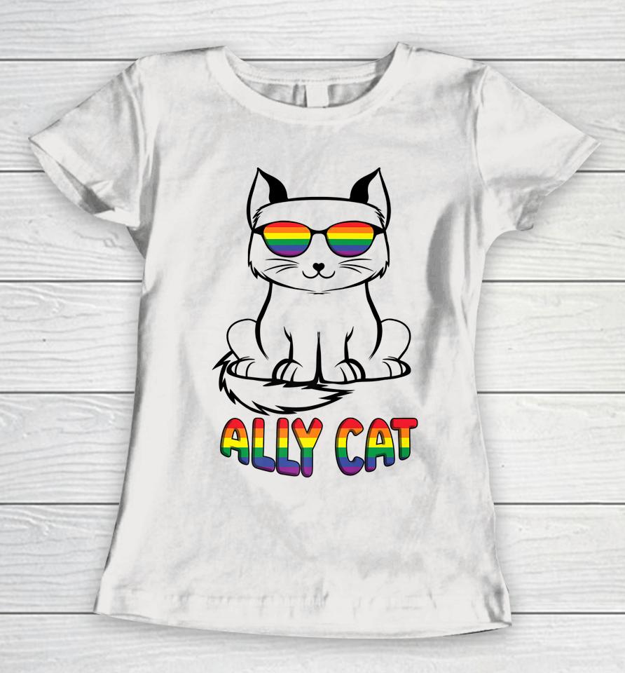 Ally Cat Gay Pride Lgbtq Rainbow Flag Sunglasses Women T-Shirt