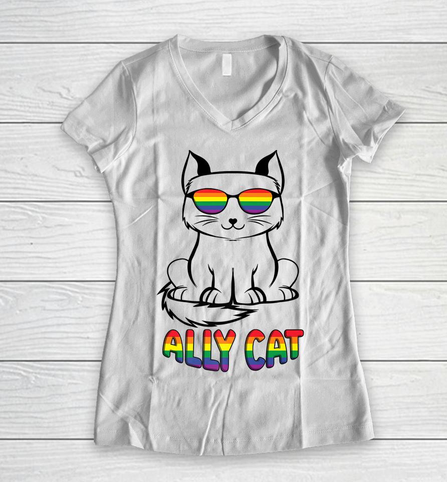 Ally Cat Gay Pride Lgbtq Rainbow Flag Sunglasses Women V-Neck T-Shirt